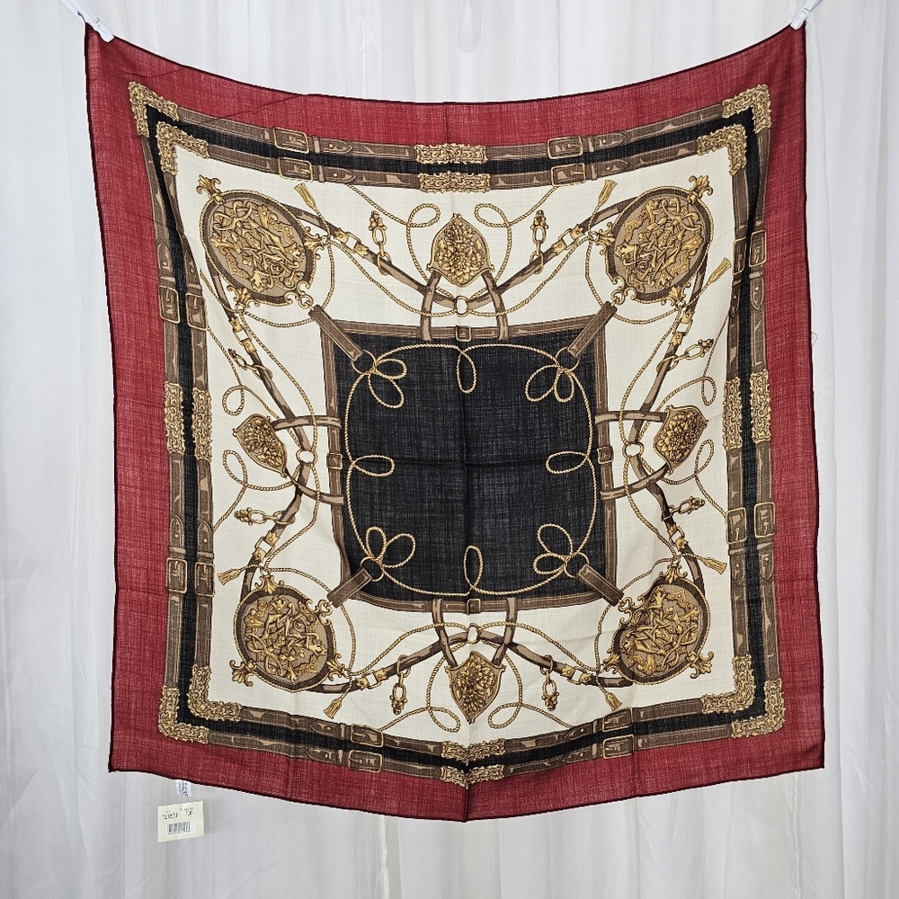 NWT Echo 100% Wool Square Scarf Equeatrian  Red Gold